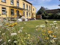 blick &uuml;ber beet zum haus blumen n&auml;her